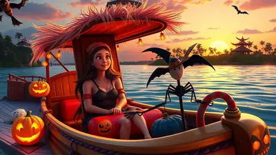 A young woman with long brown hair, wearing a black tank top, sits in a boat decorated for Halloween with pumpkins and a skeleton figure. They are on the water at sunset, with a tropical island in the background and bats flying in the sky.