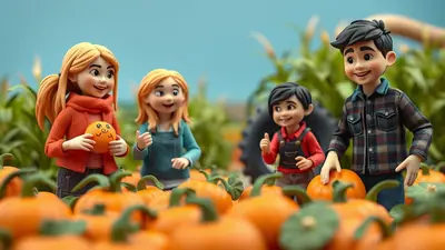 Four cartoon children stand in a pumpkin patch with a tractor in the background. The children are smiling and holding pumpkins, with the foreground filled with pumpkins.