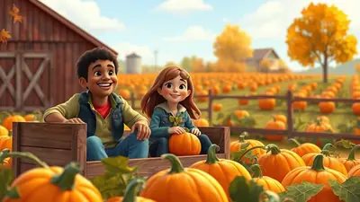 Two cartoon children, a boy and a girl, sit in a wooden cart filled with pumpkins in a pumpkin patch on a sunny autumn day. A barn and trees with fall foliage are in the background.