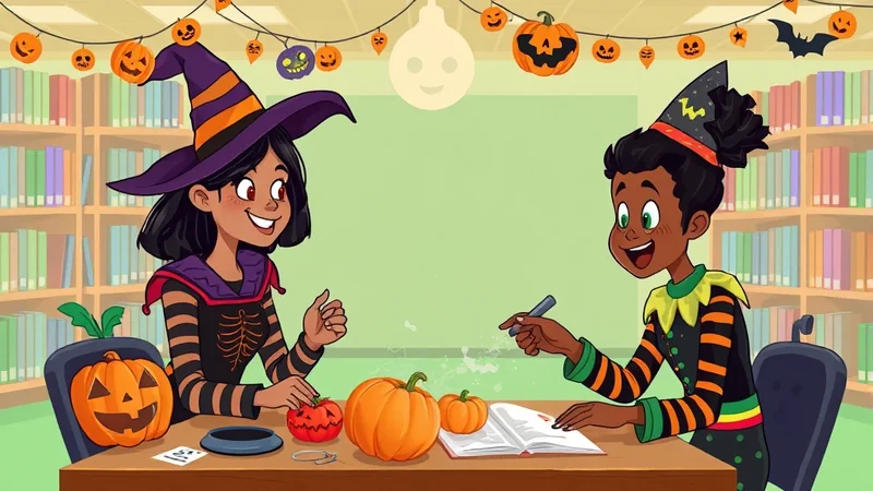 Two children dressed as witches in a library decorated for Halloween, carving pumpkins and working on a book.
