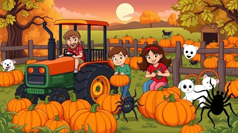 A cheerful autumn scene at a pumpkin patch with a family and a tractor, featuring pumpkins, friendly dogs, and cartoonish spiders.