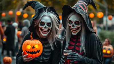 Two people in skeleton costumes and witch hats grin with skull masks, holding a glowing jack-o-lantern and a drink at a Halloween event.
