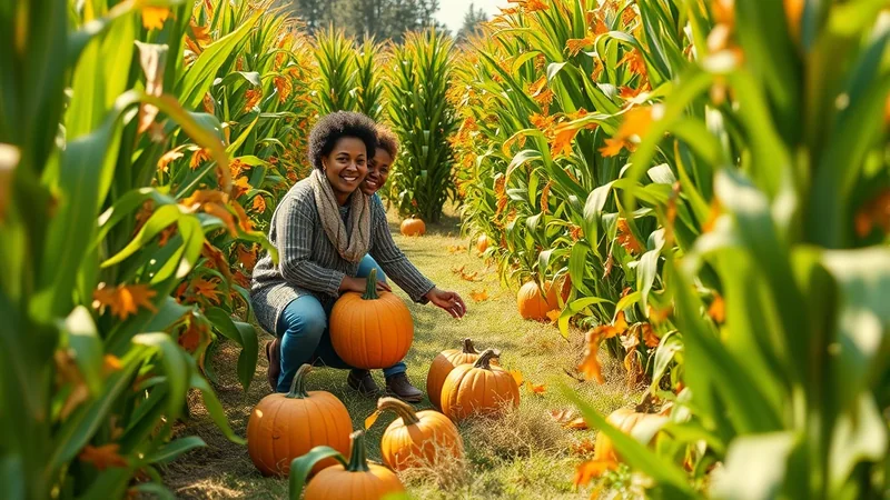 A Black mother and child are smiling and crouching in a pumpkin patch between rows of corn stalks. The mother is holding a large pumpkin, and several other pumpkins are scattered on the ground around them.