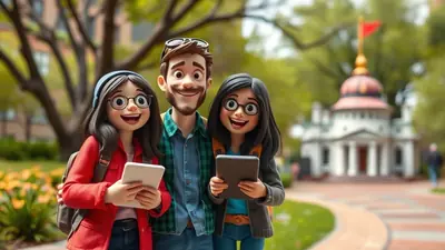 A cartoon-style image of a smiling man with a beard and sunglasses on his head, standing between two smiling young women, all holding tablets. They are on a college campus with a building in the background.