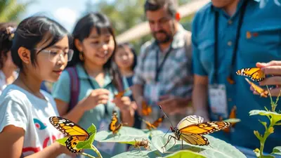 A group of people, including children and adults, observe several monarch butterflies resting on green leaves. One child in the foreground wears glasses and a white t-shirt, looking intently at a butterfly on a leaf. Another person in the background holds a butterfly on their finger.