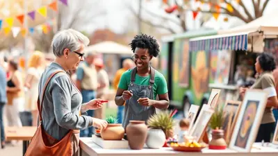 A smiling Black woman in overalls stands behind a table displaying artwork and pottery at an outdoor market, interacting with a customer.