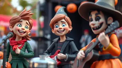 Three cartoon characters in Halloween costumes are playing music outdoors, with pumpkins visible in the background.
