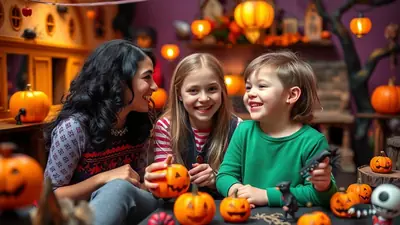 A woman and two children are smiling and laughing while holding small jack-o'-lanterns, surrounded by Halloween decorations including pumpkins and lanterns.