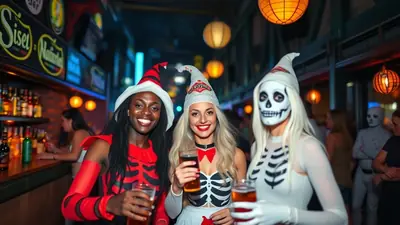 Three women in Halloween costumes are posing for a photo at a bar, holding drinks. The woman on the left is dressed as a skeleton in a red outfit, the middle woman is dressed as a skeleton with a red bow tie, and the woman on the right is dressed as a skeleton with a white hood and face paint.