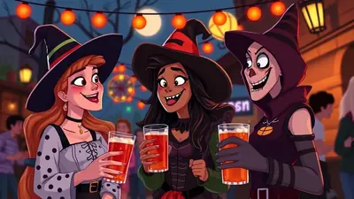 Three friends dressed as witches at a Halloween festival, holding glasses of beer and smiling.