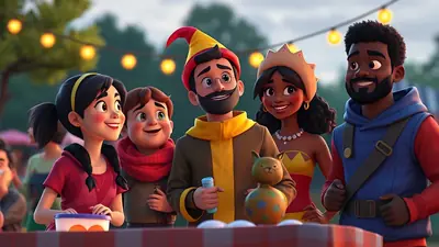A diverse group of five cartoon characters, dressed in festive attire, are gathered around a table outdoors with string lights in the background. The characters include a woman with a crown, a man in a wizard-like hat, a man with a beard, a young girl with pigtails, and a young boy. They are all smiling and appear to be at a celebration or fair.