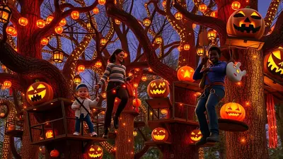 A family enjoys a Halloween-themed treehouse adventure at night, surrounded by glowing jack-o'-lanterns and festive lights.