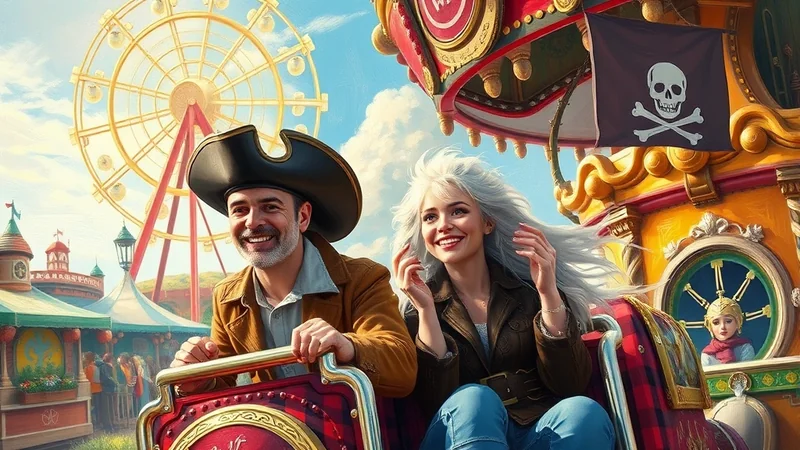 A smiling couple, dressed in pirate-themed attire, rides a colorful amusement park attraction with a Ferris wheel and pirate flag in the background.