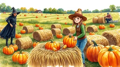 A young girl in a witch costume and a girl in a farmer's outfit are in a pumpkin patch with hay bales and pumpkins. A man is visible in the background working with hay bales.
