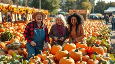 Three people, a farmer in overalls and a straw hat, a woman with gray hair and a scarf, and a Black woman with curly hair, are smiling and posing in front of a large display of pumpkins at an outdoor market.