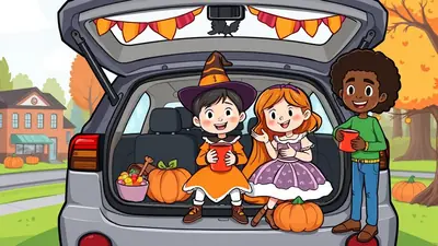 Three children in Halloween costumes are gathered around the open trunk of a car, which is decorated with festive bunting and filled with pumpkins and candy. The scene is set outdoors with a house and autumn trees in the background, evoking a cheerful Halloween spirit.