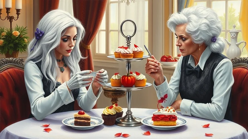 Two women with white hair are sitting at a table with a tiered stand of cupcakes and slices of cake, enjoying a tea party.