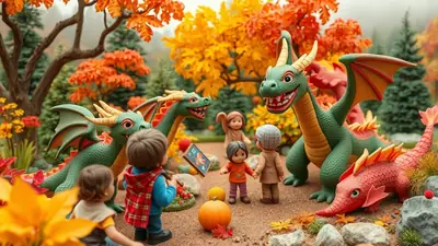A whimsical autumn scene with several friendly-looking toy dragons interacting with small toy children in a forest clearing filled with colorful fall foliage and pumpkins.