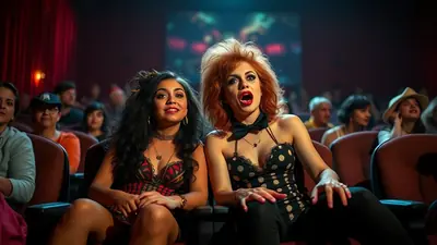Two women with dramatic makeup and costumes sit in a dimly lit theater, looking up at the screen with expressions of surprise and excitement.