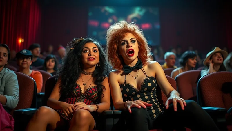 Two women with dramatic makeup and costumes sit in a dimly lit theater, looking up at the screen with expressions of surprise and excitement.