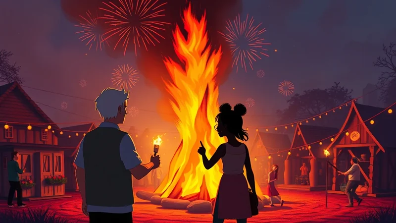 A vibrant nighttime scene depicts a community gathering around a large bonfire, with fireworks illuminating the sky and string lights adorning the surrounding buildings. Silhouettes of people, some holding torches, are visible, creating a festive and warm atmosphere.