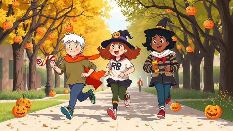 Three cartoon children in Halloween costumes run down a sidewalk lined with trees decorated with jack-o'-lanterns. The child on the left has white hair and a red cape, holding a candy cane. The middle child wears a witch hat and a shirt with 'RB' on it. The child on the right, also in a witch hat, holds a yellow cup.