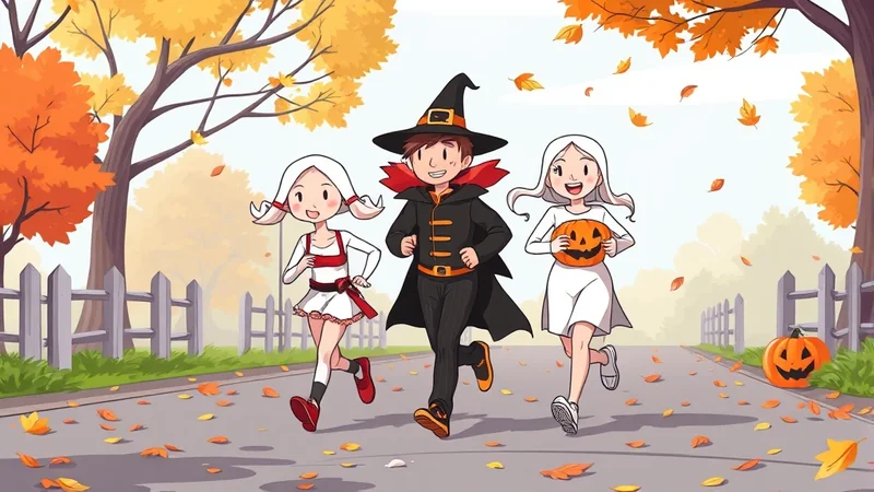 Three children in Halloween costumes run down a leaf-strewn path lined with a wooden fence and autumn trees. The child in the middle wears a witch costume, while the child on the left is dressed as a fairy, and the child on the right holds a jack-o'-lantern.