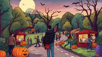 A vibrant Halloween festival scene in a park at dusk, with people browsing stalls, large pumpkins, and bats flying under a full moon.