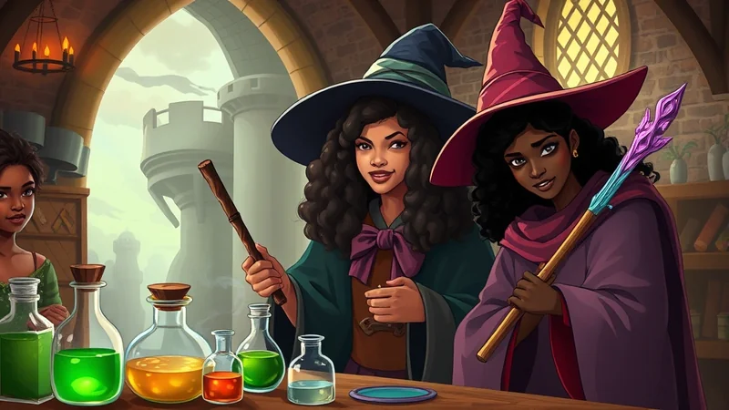 Three young women dressed as witches in a potion-making room, with bubbling vials and magical staffs.