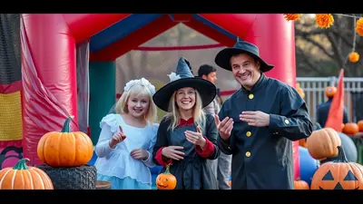 A smiling family dressed in Halloween costumes poses in front of a bouncy house with pumpkins. The daughter is dressed as a bride, the mother as a witch, and the father in a black coat and hat.