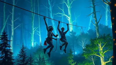 Two people in helmets and harnesses are zip-lining through a dark, misty forest at night, illuminated by eerie green and blue lights, with fairy lights strung on a tree in the foreground.