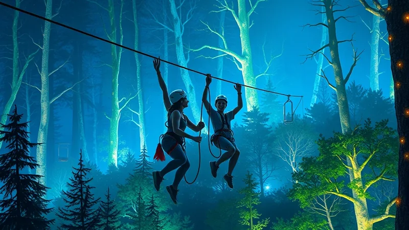 Two people in helmets and harnesses are zip-lining through a dark, misty forest at night, illuminated by eerie green and blue lights, with fairy lights strung on a tree in the foreground.
