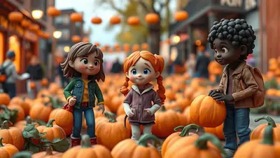 Three cartoon children, two girls and one boy, stand in a street lined with pumpkins and autumn decorations, appearing to be at a fall festival or pumpkin patch.