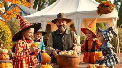 A man in a hat and vest stands behind a wooden bowl of pastries, smiling at the camera. He is surrounded by four children in Halloween costumes, two girls in witch hats and dresses, and two younger children in wizard and jester hats. The scene is set outdoors with autumn foliage and a white tent in the background.