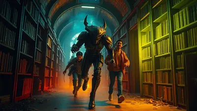 A menacing, armored creature with horns chases two young boys through a dimly lit library with tall bookshelves.