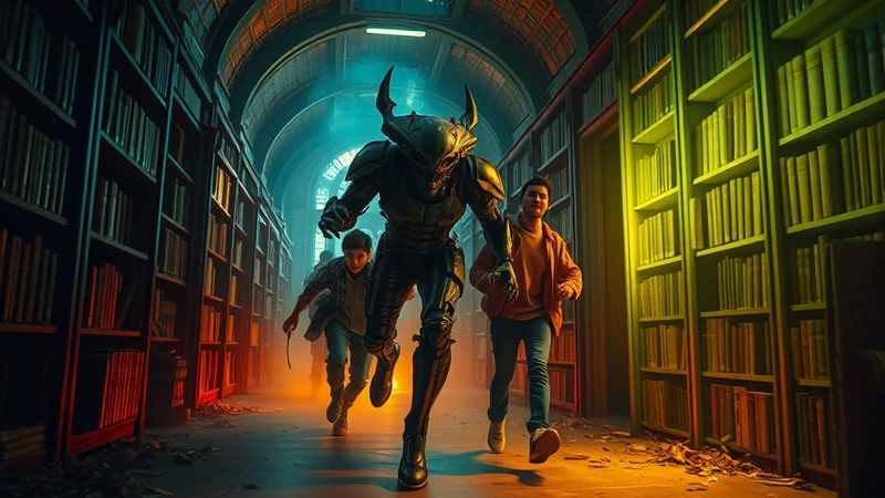 A menacing, armored creature with horns chases two young boys through a dimly lit library with tall bookshelves.