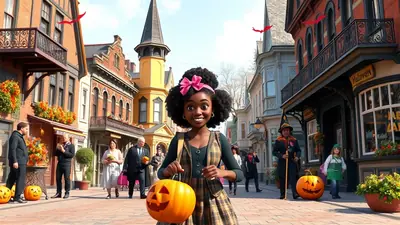 A young Black girl with a pink bow in her hair smiles at the camera while holding a jack-o-lantern on a street decorated for Halloween. Several people in costumes and other jack-o-lanterns are visible in the background.
