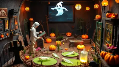 A person in a white hoodie is examining a tablet in a dimly lit room decorated for Halloween, featuring tombstones, pumpkins, and a large screen displaying a cartoon ghost.