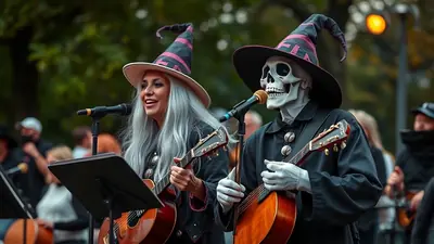 A woman dressed as a witch with long gray hair and a skeleton in a witch hat are playing guitars and singing into microphones at an outdoor event.