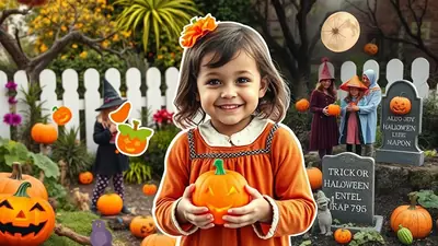 A young girl in an orange dress and a flower in her hair smiles at the camera, holding a carved pumpkin. She is in a Halloween-themed garden with other children in costumes, pumpkins, and tombstones in the background.