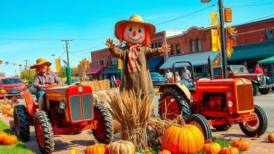 A festive autumn street scene with two vintage red tractors, a large scarecrow centerpiece, and pumpkins decorating the roadside in front of brick buildings.