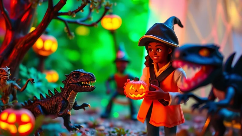 A young girl in a witch hat holds a glowing jack-o-lantern while standing in a forest with toy dinosaurs and Halloween decorations.
