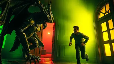A terrifying, armored dragon with large wings stands in a doorway, facing a young man who is running away from it. The scene is dramatically lit with green and red light, creating a suspenseful and eerie atmosphere.