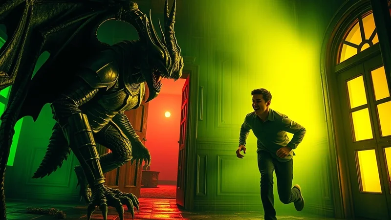 A terrifying, armored dragon with large wings stands in a doorway, facing a young man who is running away from it. The scene is dramatically lit with green and red light, creating a suspenseful and eerie atmosphere.