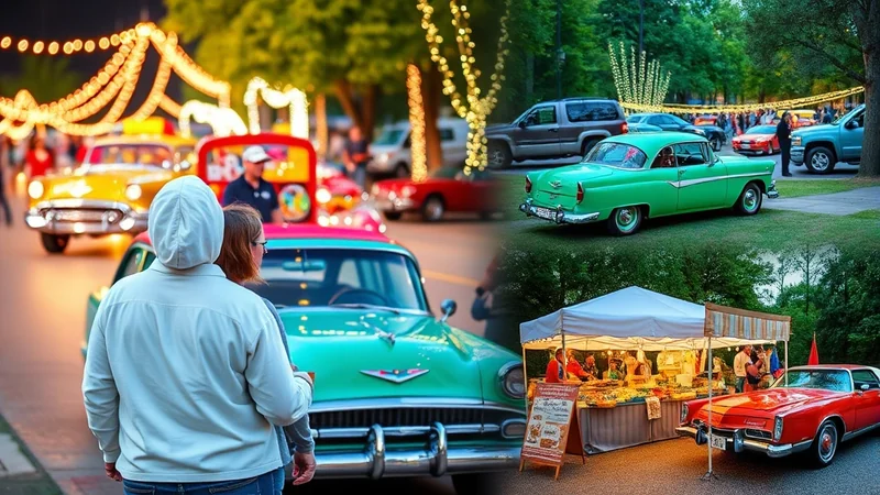 A collage of scenes from a classic car show and outdoor market. The top left shows a street lined with vintage cars and decorative lights. The top right features a green classic car parked on grass with other vehicles and people in the background. The bottom half displays a market stall with food and vendors, alongside a red classic car.