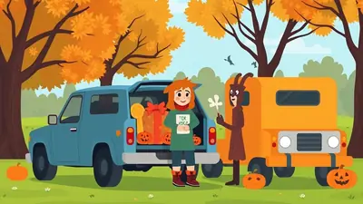 A girl in a green sweater and red scarf stands by the open trunk of a blue SUV, holding a sign that says "Trick or Treat." Next to her, a person in a brown goat costume holds a white lollipop. The trunk is filled with Halloween gifts and pumpkins. Two orange trucks and autumn trees are in the background.