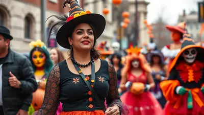 A woman in a witch costume with a black hat and orange skirt smiles as she walks in a Halloween parade, surrounded by other costumed people.