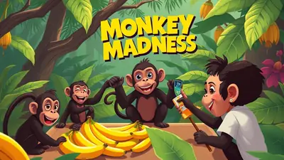 The title "Monkey Madness" is displayed in yellow lettering above a group of cartoon monkeys and a young girl in a jungle setting, with bananas in the foreground.