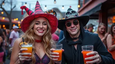 A smiling couple dressed in Halloween costumes, a woman as a witch and a man in a skull hat, hold up orange drinks at an outdoor gathering.
