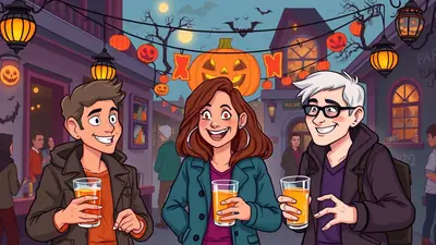 Three friends are smiling and holding drinks on a street decorated for Halloween with pumpkins and lanterns.